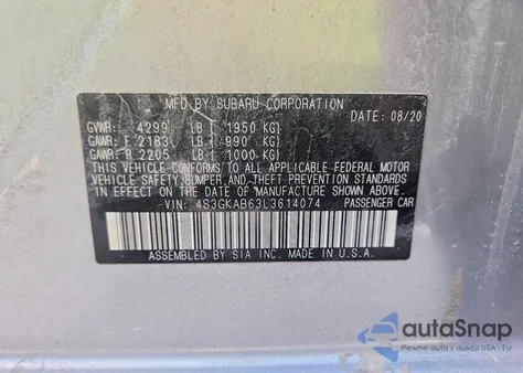 2020 Subaru Impreza из США, поврежденный, VIN 4S3GKAB63L3614074